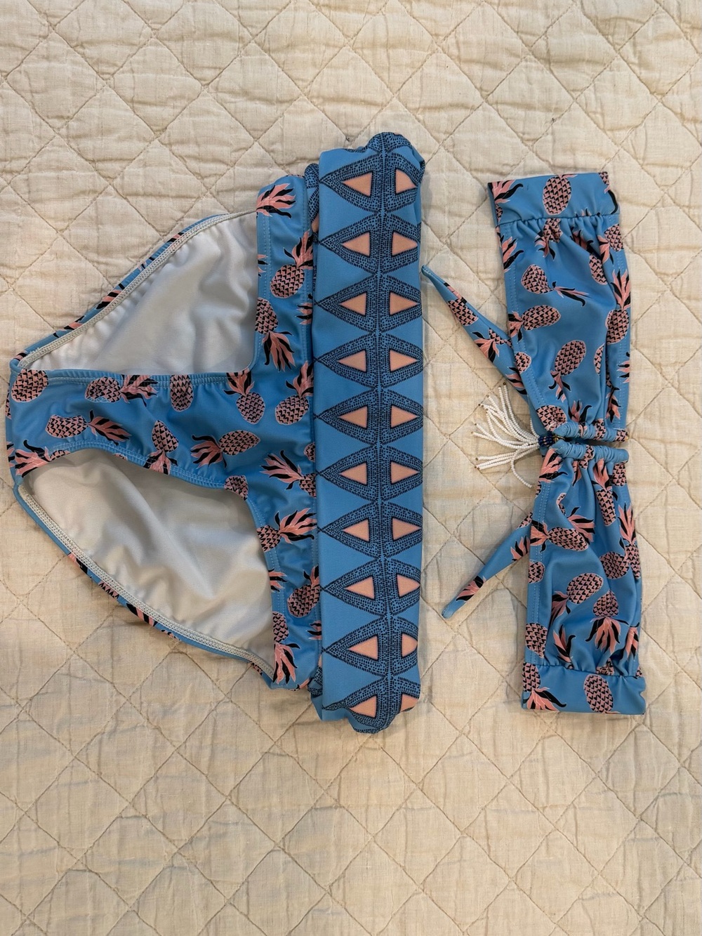 Blue Pineapple Print Bikini Set - Strapless Top & Bottom